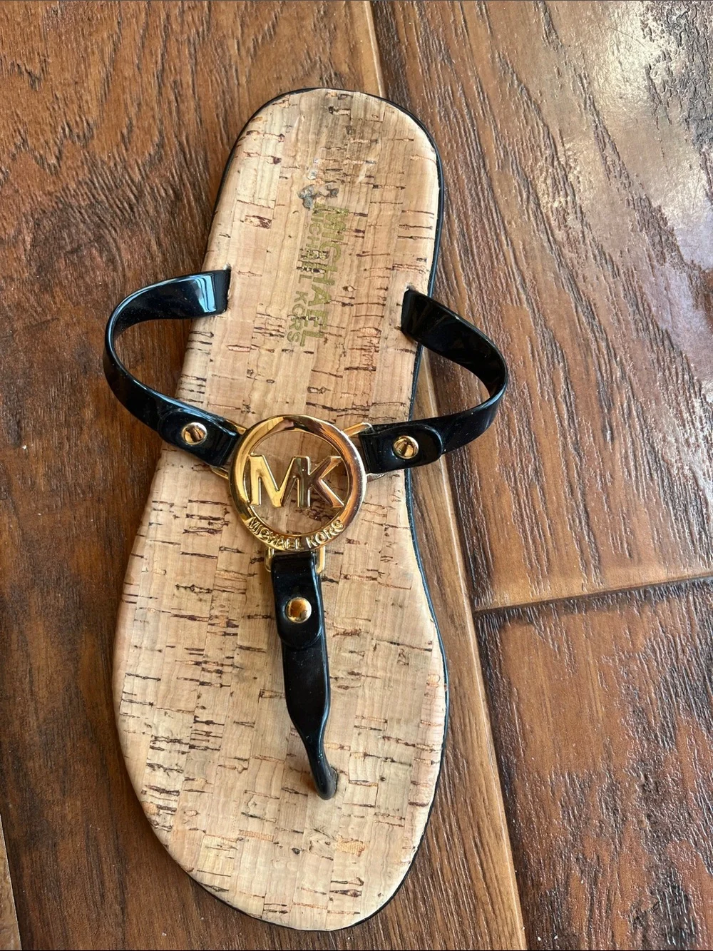 Michael Kors Black Patent Thong Sandals with Gold MK Logo - Size 6